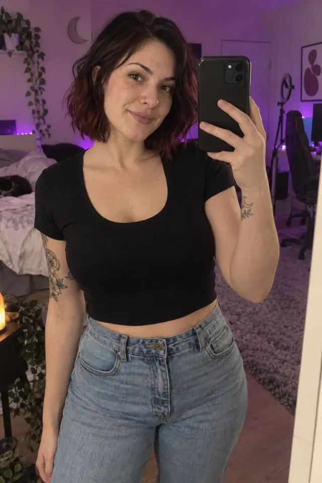 AI-generated adult alt creator taking a casual mirror selfie in a plum-lit bedroom